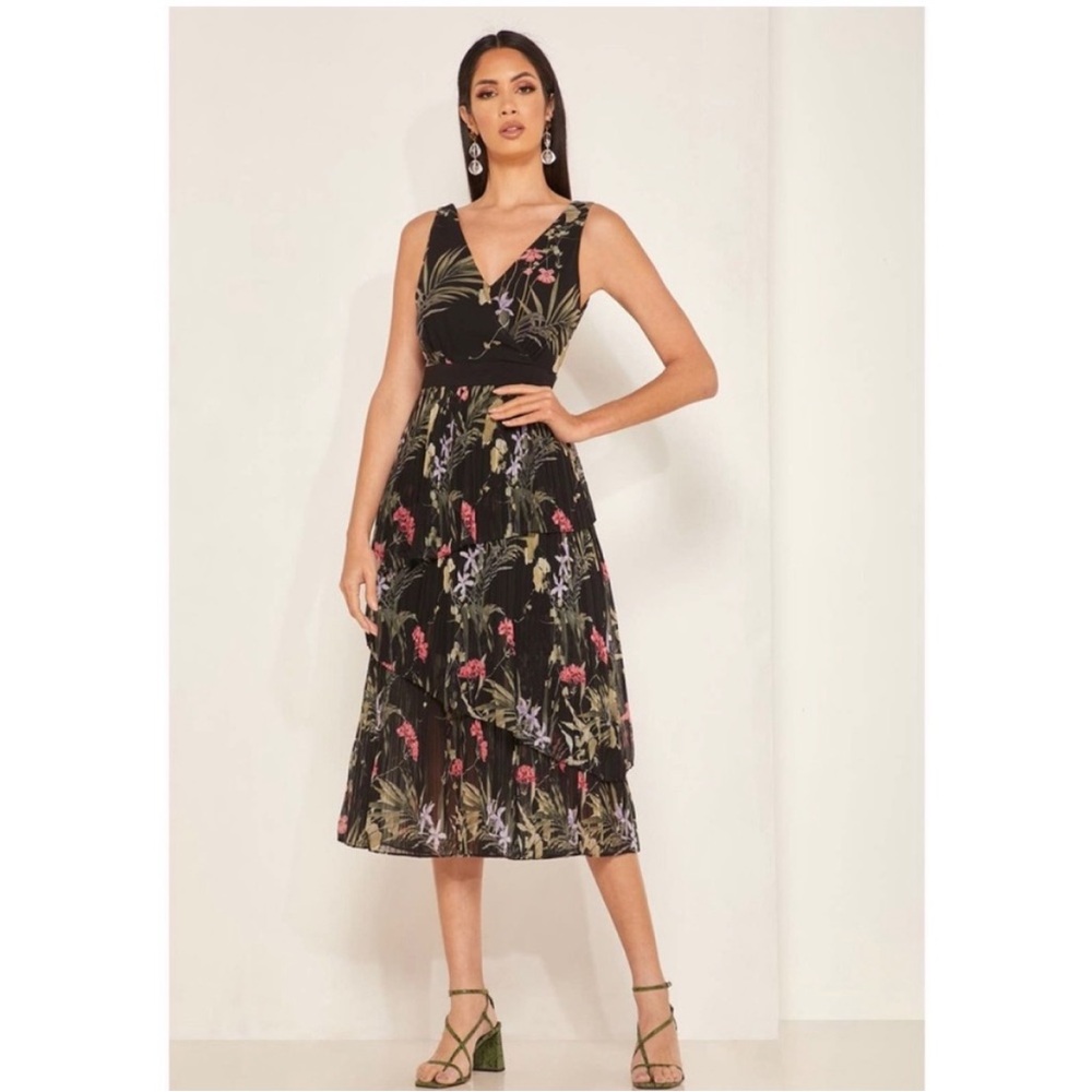 Ted Baker Malinae Tiered Pleated Midi Dress Floral Print US Size 2
